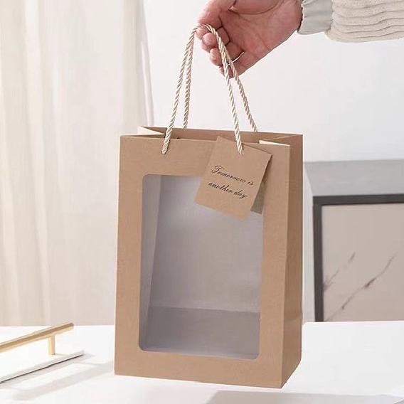 Sacs en papier kraft rectangle, avec poignées, pour les sacs cadeaux, avec carte de vœux et fenêtre transparente