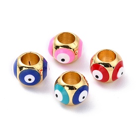 Real 18K Gold Plated Brass European Beads, with Enamel, Long-Lasting Plated, Round with Eye
