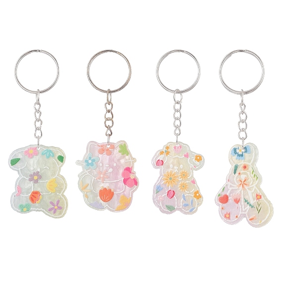 Porte-clés pendentif acrylique opaque imprimé ours/lapin, avec porte-clés fendus