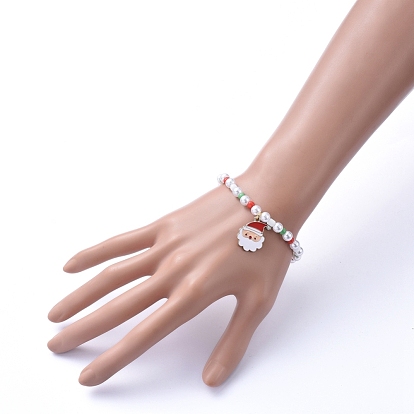Bracelets à breloques extensibles à thème de Noël, avec des perles en verre de graine, perles d'imitation acrylique et pendentifs en alliage émaillé, forme mixte
