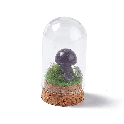 Décoration d'affichage de champignons en pierres précieuses naturelles avec couvercle cloche en dôme en verre, Ornements de cloche de base en liège pour la décoration de la maison
