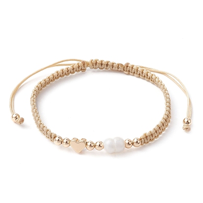Brass & Natural Pearl Braided Bead Bracelets, Adjustable Bracelet