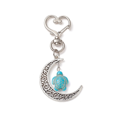 Moon Tibetan Style Alloy Pendant Decorations, with Dyed Synthetic Turquoise and Alloy Swivel Lobster Clasps, Sea Turtle