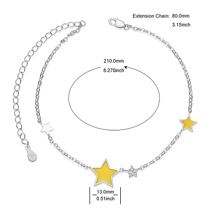 SHEGRACE 925 Sterling Silver Link Anklets, with Grade AAA Cubic Zirconia and Epoxy Resin, Star