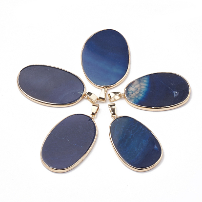 Natural Agate Pendants, with Golden Tone Iron Findings, Dyed, Oval