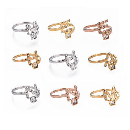 304 Stainless Steel Finger Rings, with Rhinestone, Initial Letter E & Square, Crystal