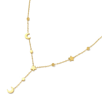 Collier lariat chaînes à maillons lune et étoile en strass et coquillage naturel, placage ionique (ip) 304 bijoux en acier inoxydable pour femmes
