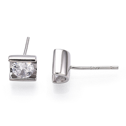925 Sterling Silver Micro Pave Cubic Zirconia Stud Earrings, Column, Nickel Free, with S925 Stamp