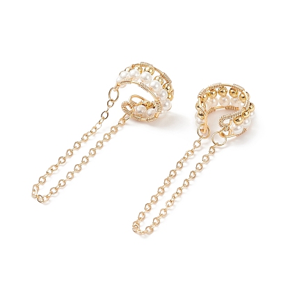 Shell Pearl Beaded Cuff Earrings, Brass Chain Tassel Wire Wrap Chunky Earrings for Women
