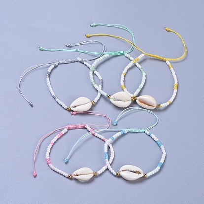 Регулируемые стеклянные браслеты из бисера, с латунными бусинами и бусинами из ракушек, плетеной нейлоновой нити, золотые