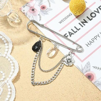 Faceted Teardrop & Alloy Flower Charm Safety Pin Brooch, with 304 Stainless Steel Twist Chains