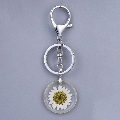Alloy Resin Dried Flower Keychain, with Platinum Tone Alloy Key Clasps and Iron Key Rings