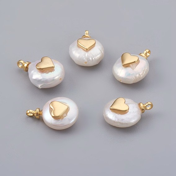 Pendentifs de perles d'eau douce de culture naturelle, avec les accessoires en laiton, plaqué longue durée, cœur