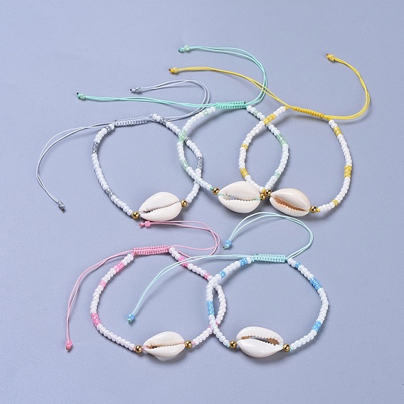 Регулируемые стеклянные браслеты из бисера, с латунными бусинами и бусинами из ракушек, плетеной нейлоновой нити, золотые