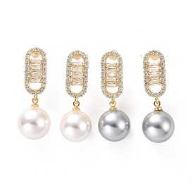 Pendientes colgantes ovalados de circonita cúbica transparente con perlas de plástico, joyas de latón chapado en oro claro para mujer, sin plomo y cadmio