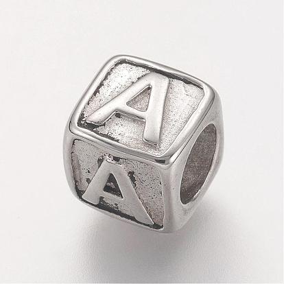 304 Stainless Steel European Beads, Horizontal Hole, Large Hole Beads, Cube with Letter