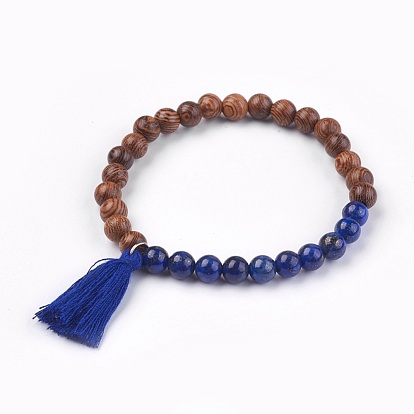 Natural Gemstone Stretch Bracelets, with Wood Beads and Cotton Thread Tassel