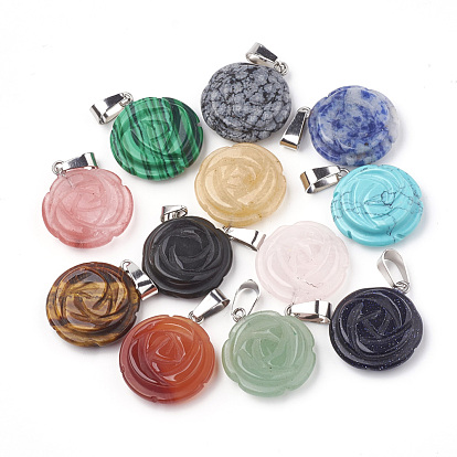 Gemstone Pendants, with Stainless Steel Snap On Bails, Flower