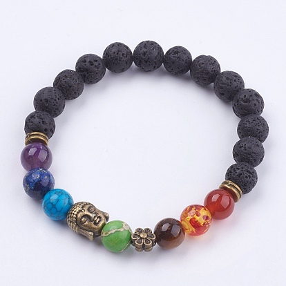 Chakra bijoux, bracelets élastiques de pierres précieuses naturelles, avec des perles d'alliage, sacs de jute, bronze antique, Bouddha et fleur