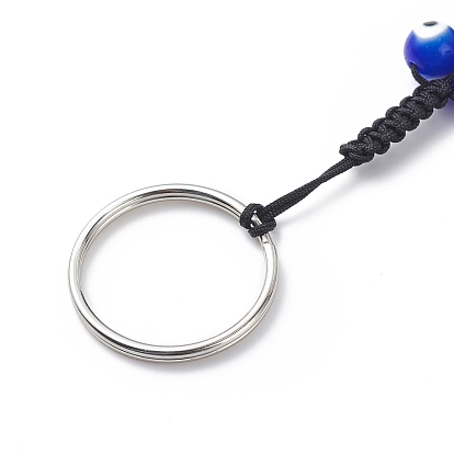 Porte-clés pendentif plat rond mauvais œil, avec du fil de nylon tressé, pour femmes hommes sac de voiture clé pendentif