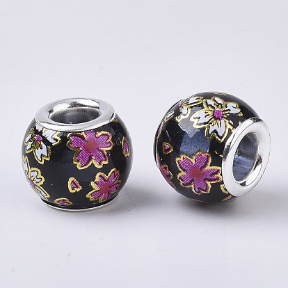 Printed Transparent Glass European Beads, Large Hole Beads, with Platinum Tone Brass Double Cores, Rondelle with Sakura Pattern