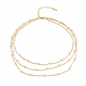 Круглое пластиковое трехслойное ожерелье с жемчужными бусинами, ожерелье из латуни для женщин