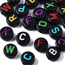 Perles noires opaques acryliques, plat rond avec des lettres aléatoires