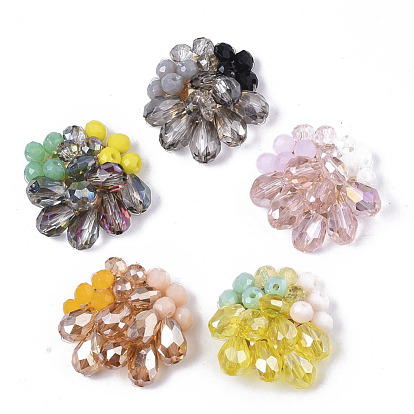 Handmade Woven Glass Cabochons, with Faceted Glass Beads and Light Gold Plated Brass Perforated Disc Settings, Flower