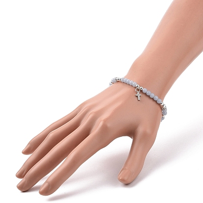 Ensemble de bracelets extensibles à perles rondes en angélite naturelle et roche de lave et opalite de style pcs, bracelets empilables de charme de croix de zircone cubique clair pour les femmes