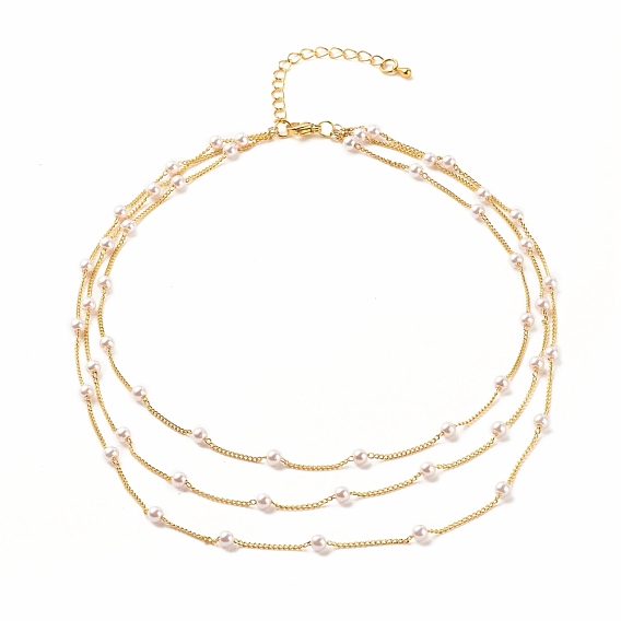 Collar redondo de triple capa con cuentas de perlas de plástico, collar de cadena de latón para mujer