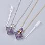 Natural Fluorite Perfume Bottle Pendant Necklaces, with Brass Cable Chains, Lobster Claw Clasps and Plastic Dropper, Rhombus, Platinum & Golden