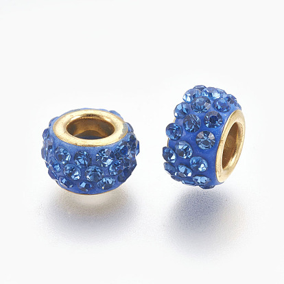 Perles européennes en pate polymère manuelles, Perles avec un grand trou   , avec ame en laiton, plat rond, or