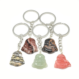 Synthetic & Natural Gemstone Keychain, with Iron Findings, Buddha Head, Platinum