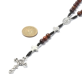 Wood Rosary Bead Necklaces, Alloy Virgin Mary with Cross Pendant Necklace for Women