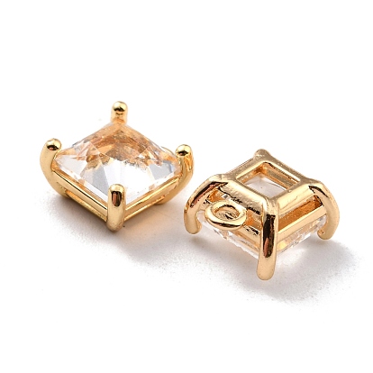 Rack Plating Brass Glass Charms, Long-Lasting Plated, Square