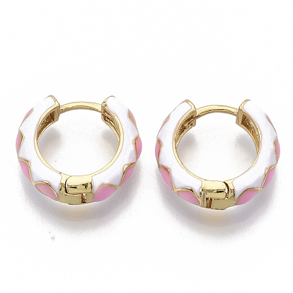 Brass Huggie Hoop Earrings, with Two Tone Enamel, Real 18K Gold Plated, Rhombus Pattern