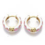 Brass Huggie Hoop Earrings, with Two Tone Enamel, Real 18K Gold Plated, Rhombus Pattern