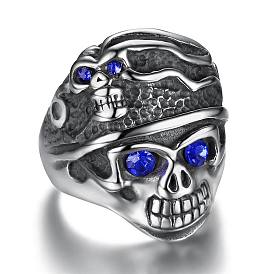 Rhinestone Skull Finger Ring, Antique Silver Plated 316L Surgical Steel Gothic Punk Jewelry for Women
