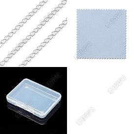1M Rhodium Plated 925 Sterling Silver Curb Chains, Soldered, with Double Sided Suede Fabric Silver Polishing Cloth