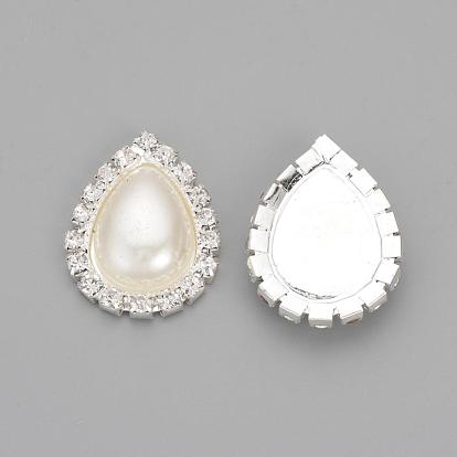 Brass Rhinestone Flat Back Cabochons, with ABS Plastic Imitation Pearl, Drop, Silver Color Plated