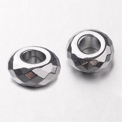 Hématite synthétique non magnétique electroplate perles européennes, facette, perles de rondelle avec grand trou , 14x6mm, Trou: 6mm