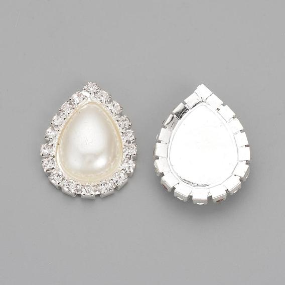 Cabujones traseros planos de diamantes de imitación de latón, con abs de plástico imitación perla, gota, el color plateado de plata