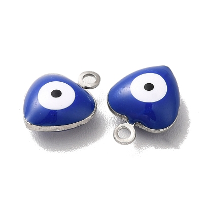 304 Stainless Steel Charms, with Enamel, Heart with Evil Eye Charm, Stainless Steel Color