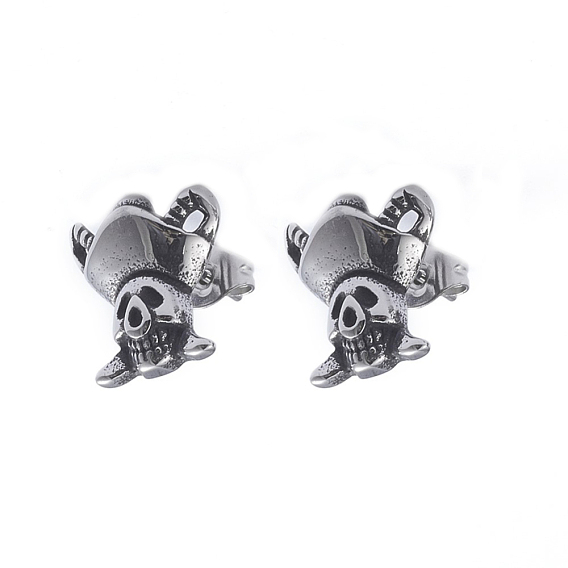 Retro 304 Stainless Steel Stud Earrings, with Ear Nuts, Pirate Skull