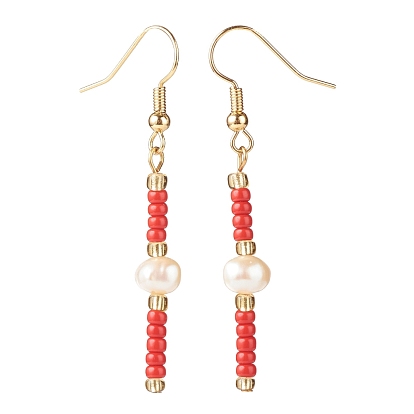 Glass Seed & Imitation Pearl Beaded Dangle Earrings, Gold Plated Brass Jewelry for Women