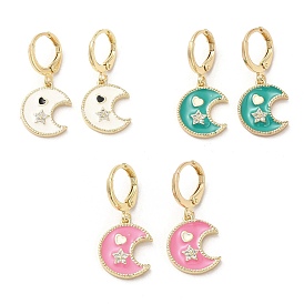 Moon & Star Real 18K Gold Plated Brass Dangle Leverback Earrings, with Enamel and Cubic Zirconia