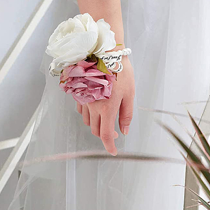 Craspire 4pcs corsage de poignet en soie, avec des bracelets extensibles en plastique imitation fleur et imitation perle, pour le mariage, décorations de fête