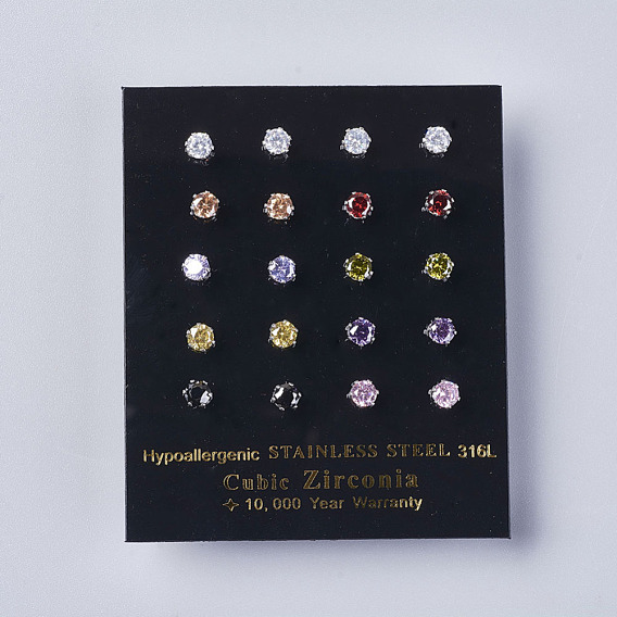 Cubic Zirconia Stud Earrings, with 304 Stainless Steel Findings