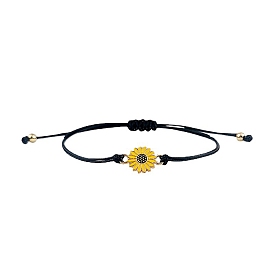 Alloy Enamel Sunflower Link Bracelets, Adjustable Wax Cord Bracelets for Women