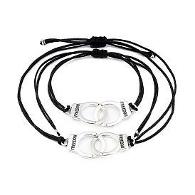 Adjustable Nylon Cord Braided Bracelets Sets, Friendship Bracelets, with Antique Silver Plated Alloy Links, Handcuff with Word Freedom